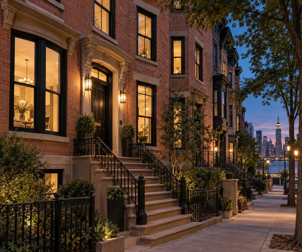 Restored brownstone row homes at dusk in Hoboken, New Jersey, with the Manhattan skyline beyond