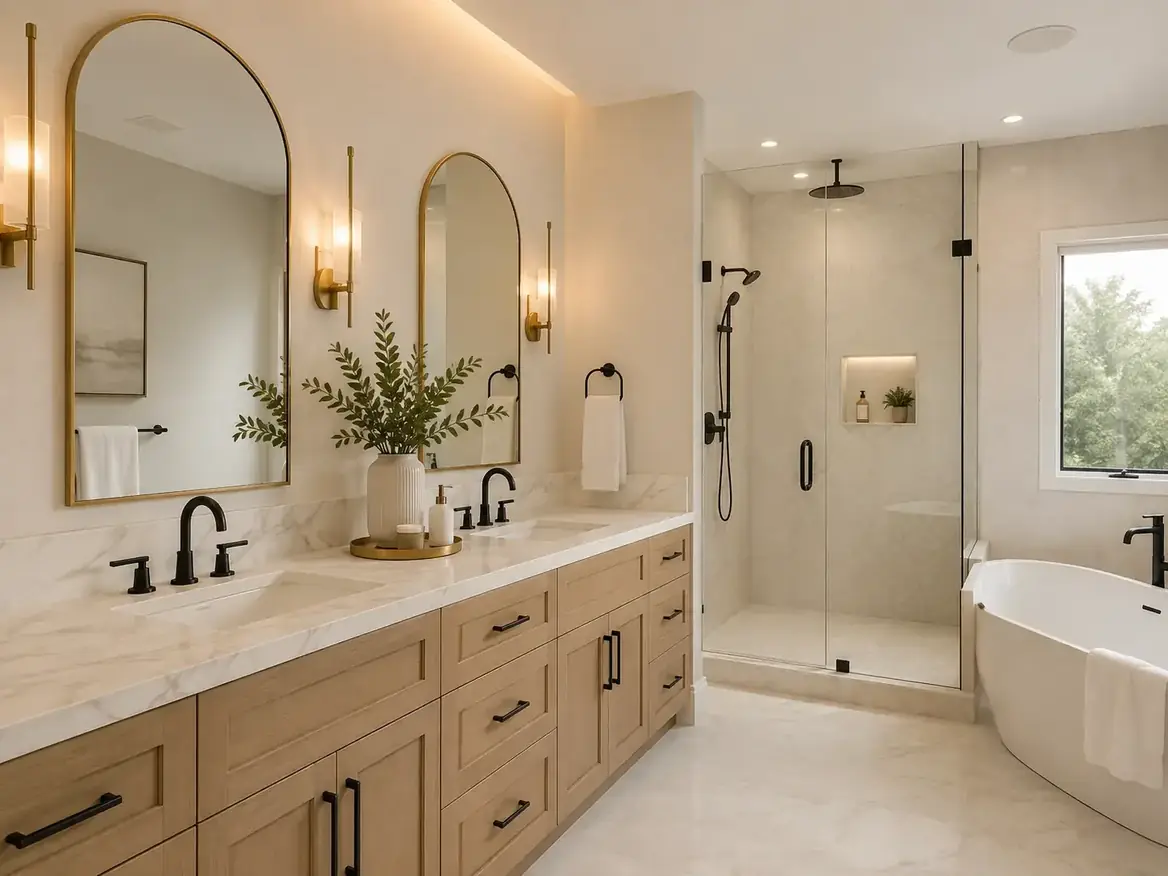 Renovated bathroom with a walk-in shower and tiled finishes
