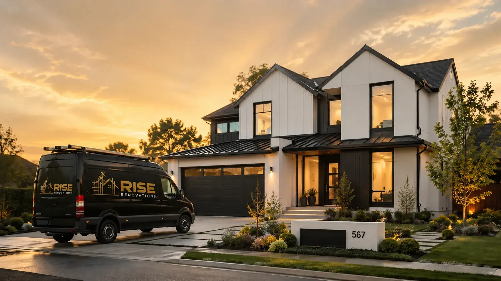 Rise Renovations van outside a completed home in New Jersey at sunset
