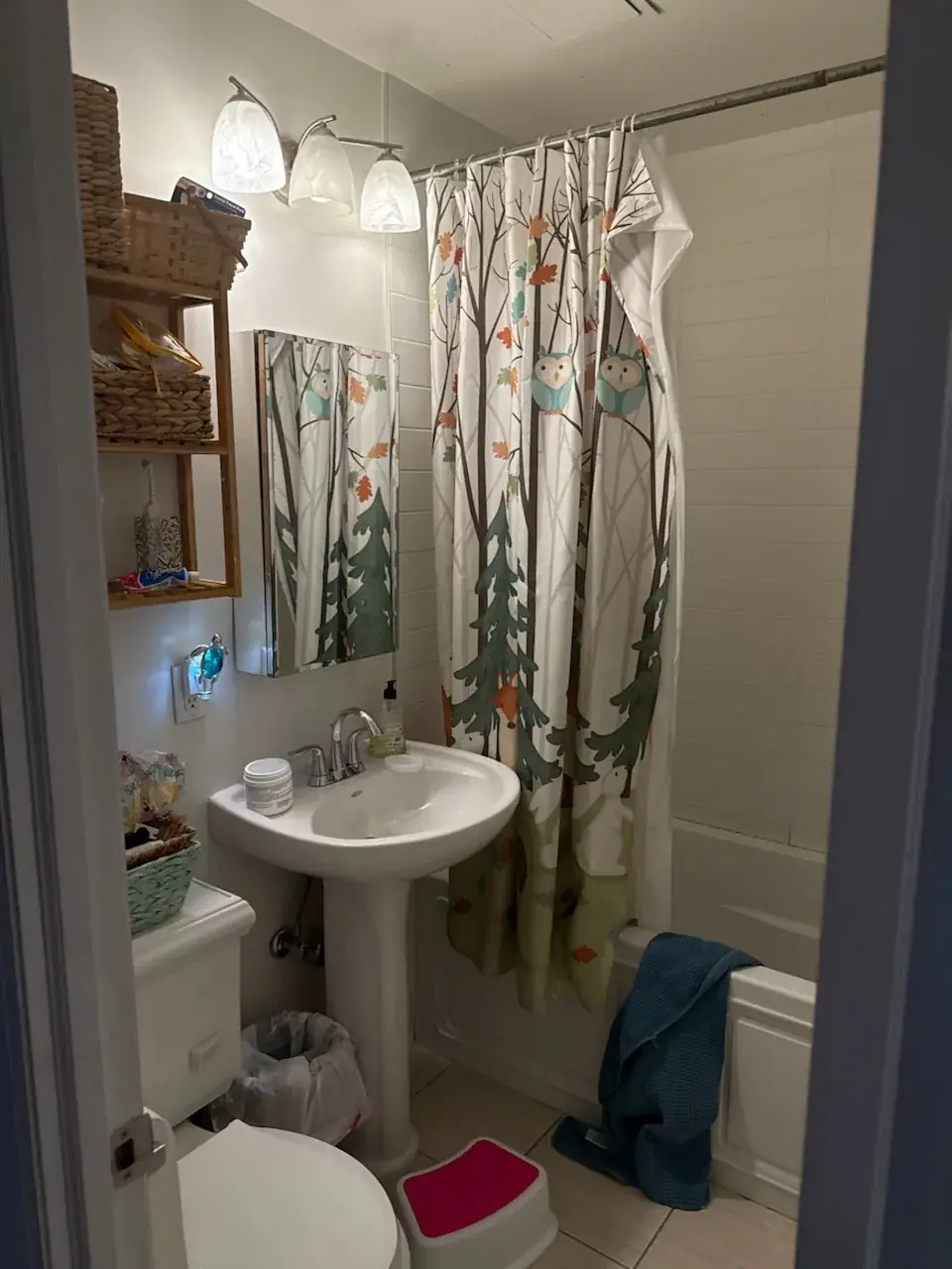 The bathroom before work began, with a pedestal sink and shower curtain