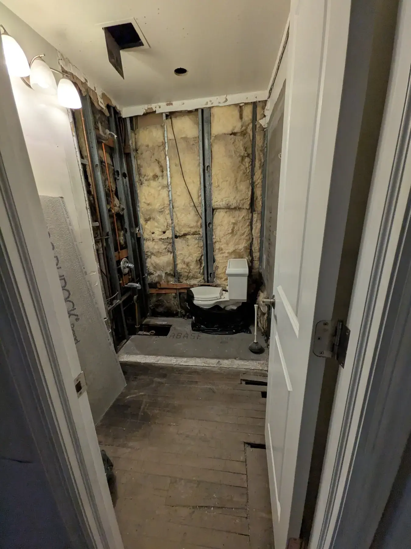 Framing and rough plumbing exposed after the bathroom was gutted